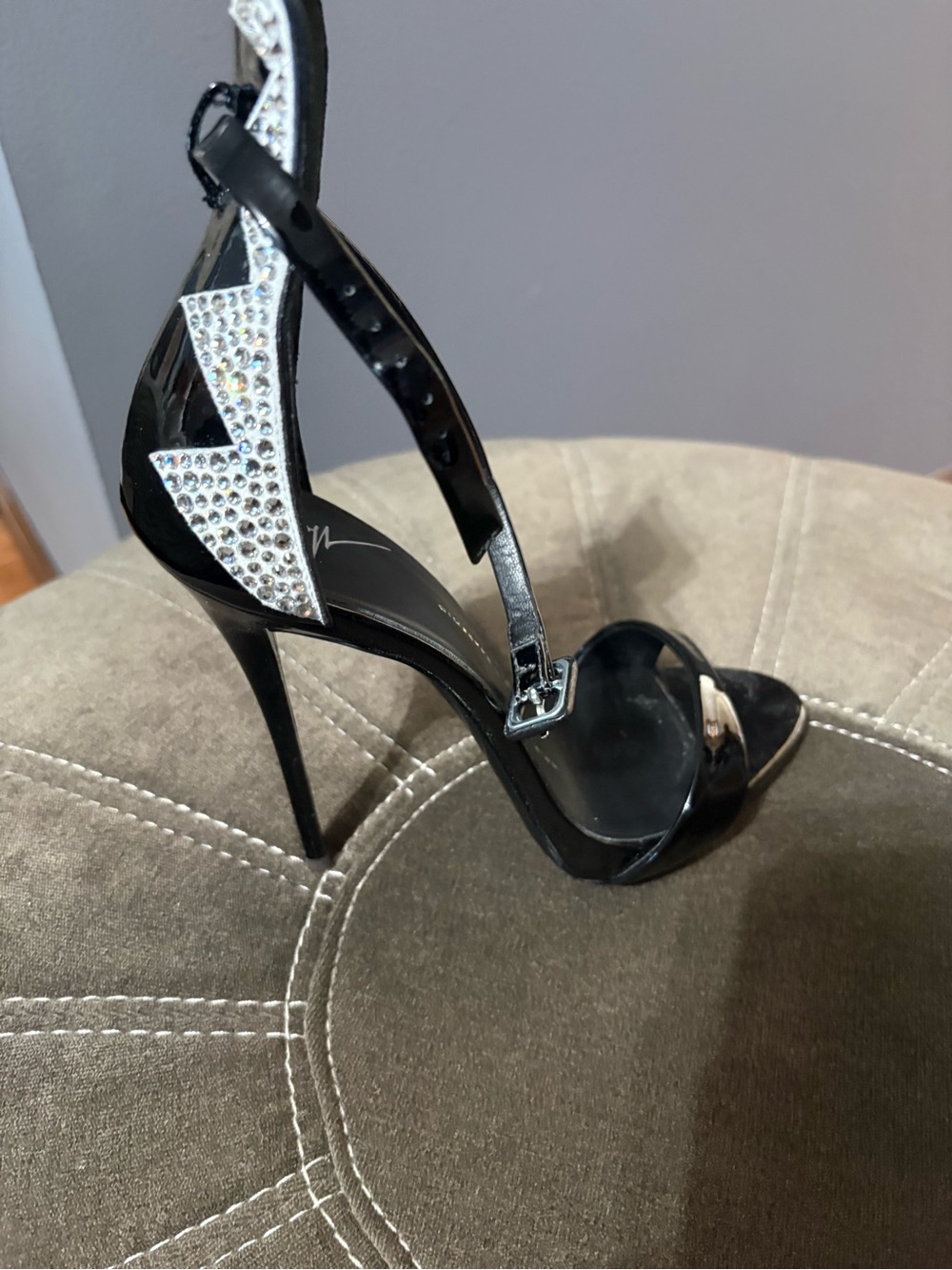 Giuseppe Zanotti Black Patent Stiletto Sandals with Crystal Lightning Detail